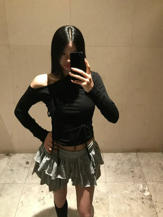 Raina Ribbon Half-Shoulder Long-Sleeve T-Shirt