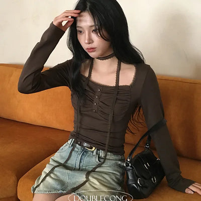 Dune Lace Shirring Long Sleeve T Shirt