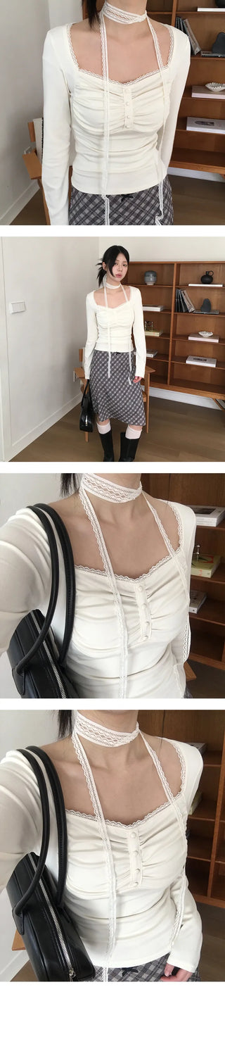 Dune Lace Shirring Long Sleeve T Shirt