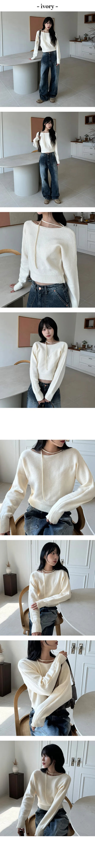 Rosha Unbalanced Off Shoulder Tie Knit
