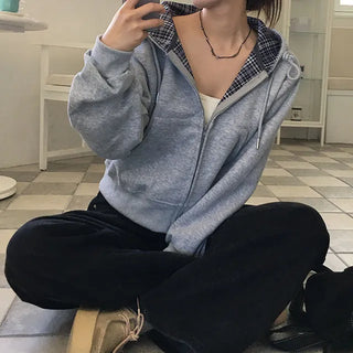 Cloud Check Point Crop Hooded Zip up