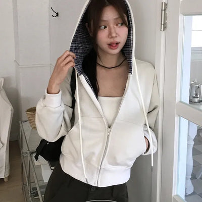 Cloud Check Point Crop Hooded Zip up