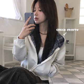 Cloud Check Point Crop Hooded Zip up