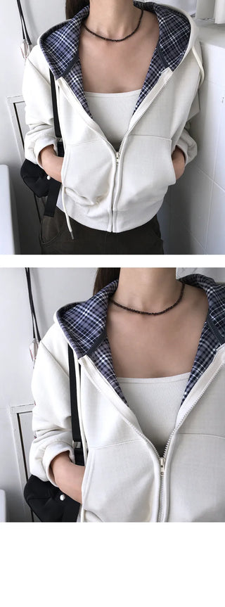 Cloud Check Point Crop Hooded Zip up