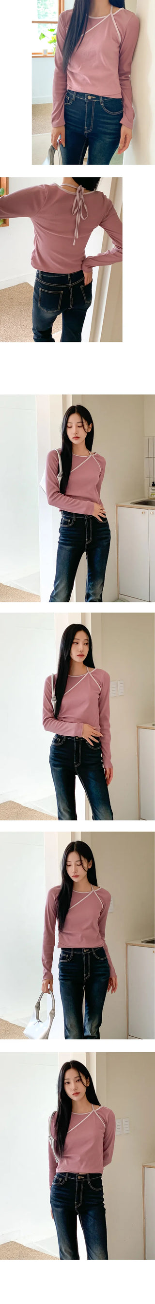 Ridge Side Shirring Halter Long Sleeve T Shirt