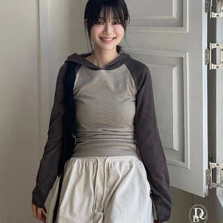 Rahu Side Shirring String Color Block Hoodie