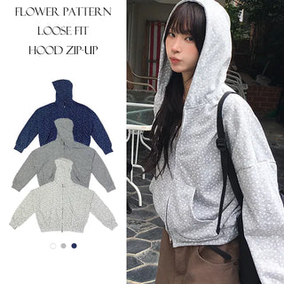 Flower pattern loose fitting hooded zip up