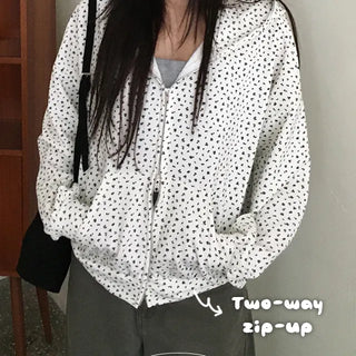 Flower pattern loose fitting hooded zip up