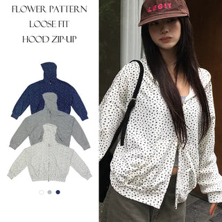 Flower pattern loose fitting hooded zip up