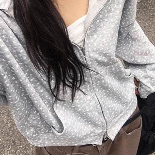 Flower pattern loose fitting hooded zip up