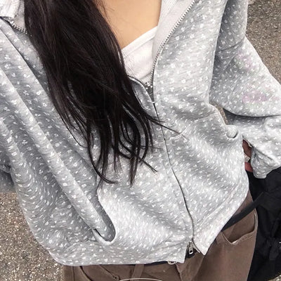 Flower pattern loose fitting hooded zip up