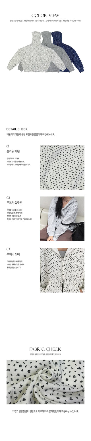 Flower pattern loose fitting hooded zip up