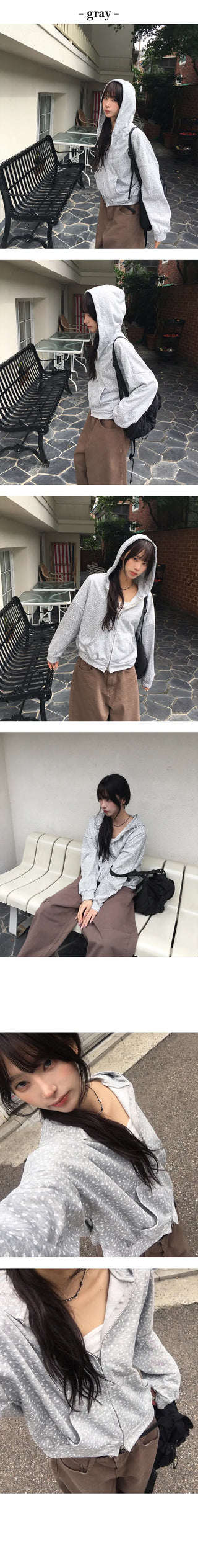 Flower pattern loose fitting hooded zip up