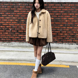 Teddy Wool Color Block Collar Poggle Jacket
