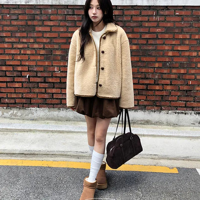 Teddy Wool Color Block Collar Poggle Jacket