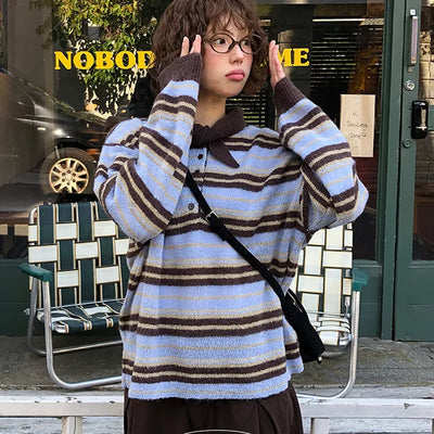 Full length striped two tone collar ribbon knit