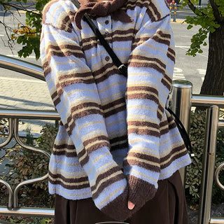 Full length striped two tone collar ribbon knit