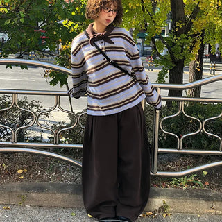 Full length striped two tone collar ribbon knit