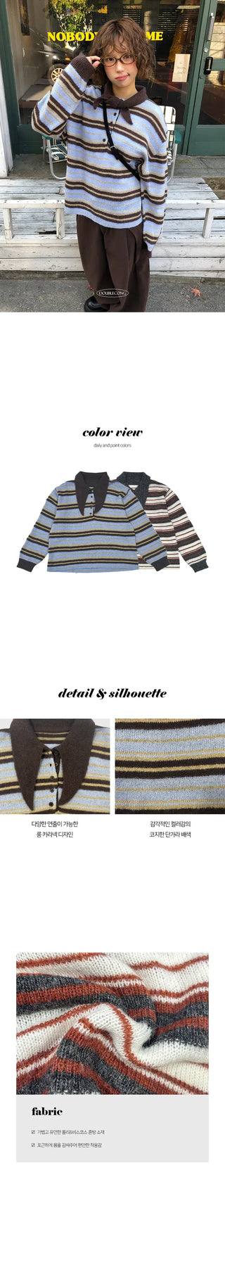 Full length striped two tone collar ribbon knit