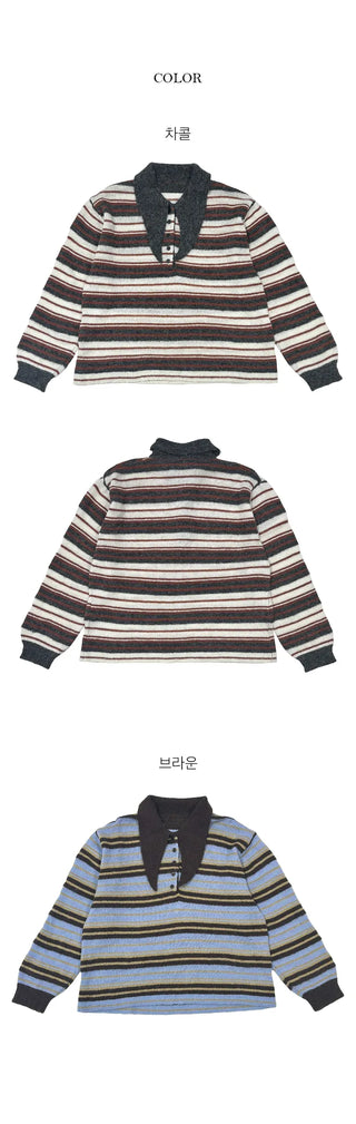 Full length striped two tone collar ribbon knit