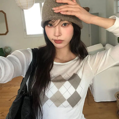 Tencel Argyle Slim Layered Long Sleeve T Shirt