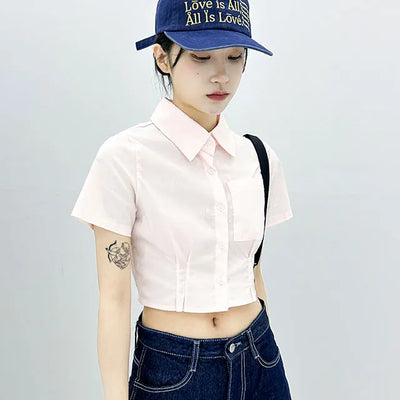Pintuck Crop Pocket Short Sleeve Shirt