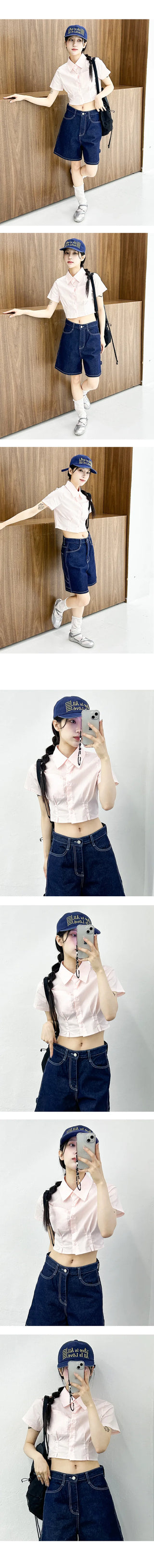 Pintuck Crop Pocket Short Sleeve Shirt