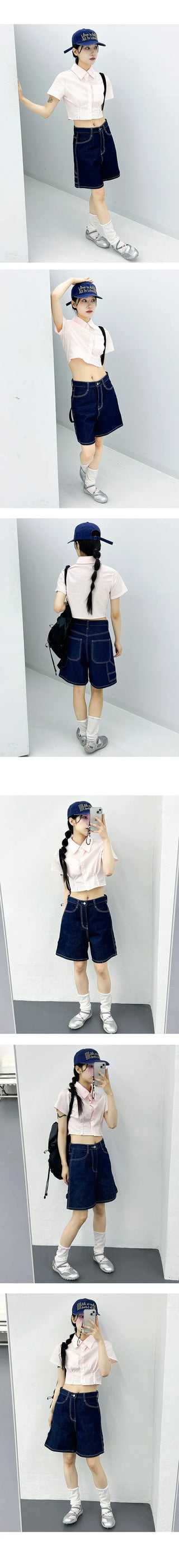 Pintuck Crop Pocket Short Sleeve Shirt