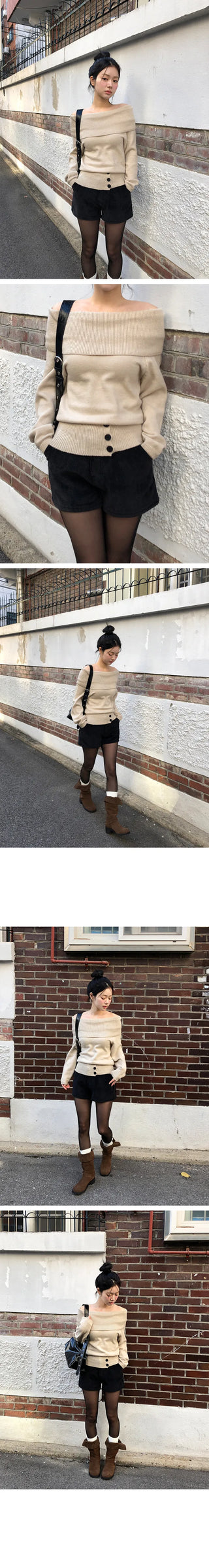 Surfy Waist Slim Off Shoulder Knit
