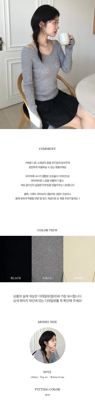 Shuin V neck off shoulder ribbed long sleeved knit
