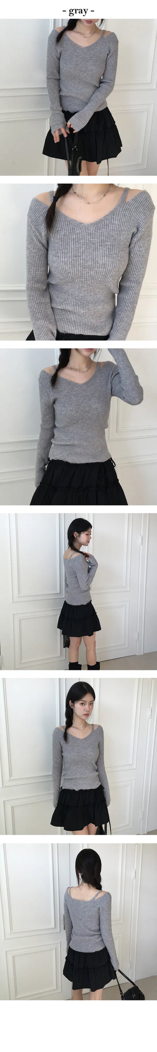Shuin V neck off shoulder ribbed long sleeved knit