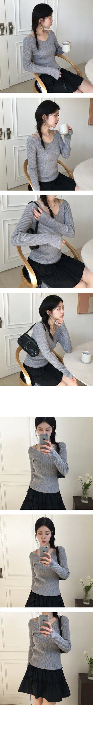 Shuin V neck off shoulder ribbed long sleeved knit