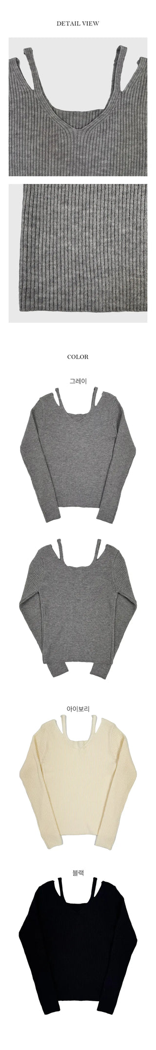 Shuin V neck off shoulder ribbed long sleeved knit