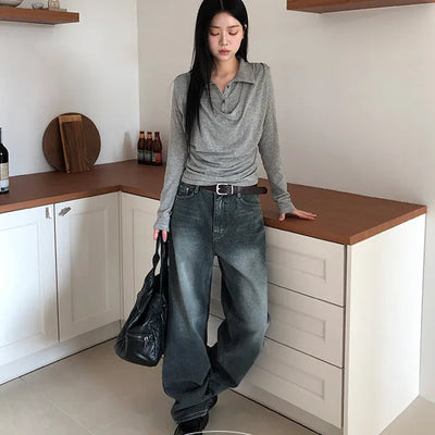 Slow Shirring Collar Long Sleeve T Shirt