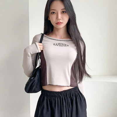 Ramones Side Color Block Crop Long Sleeve T Shirt