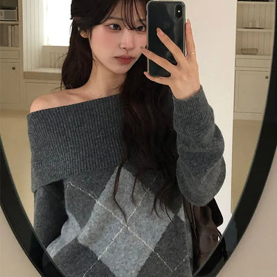 Clean Argyle Off Shoulder Knit