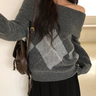Clean Argyle Off Shoulder Knit