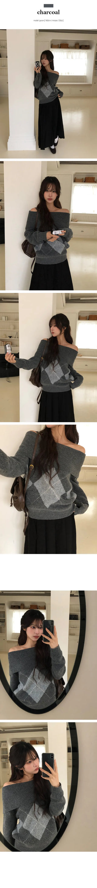 Clean Argyle Off Shoulder Knit