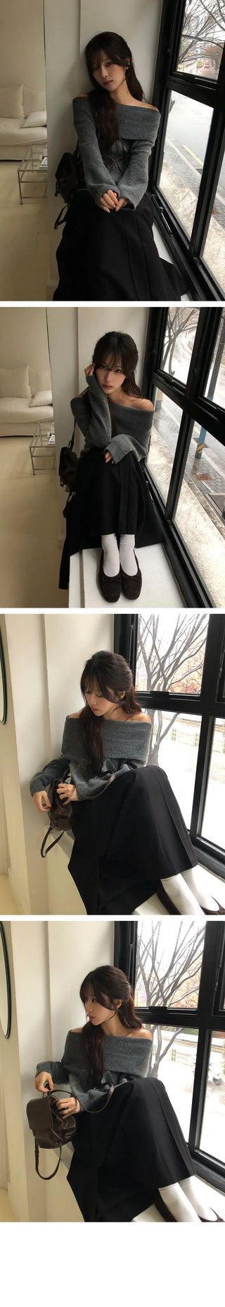 Clean Argyle Off Shoulder Knit