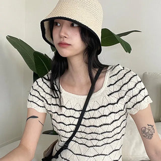 Summer color blocking line bucket hat