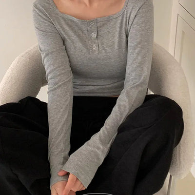 Square Snap Side Shirring Long Sleeve T Shirt