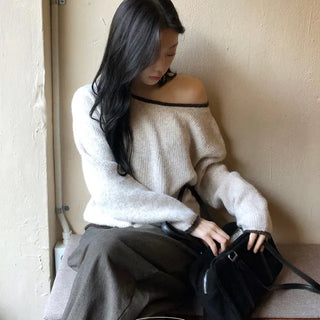 Lowest price✨ Mine Daily One shoulder Color Block Off Shoulder Knit