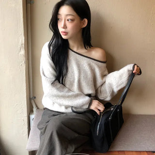 Lowest price✨ Mine Daily One shoulder Color Block Off Shoulder Knit