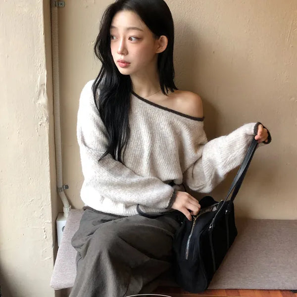Mine Daily One shoulder Color Block Off Shoulder Knit