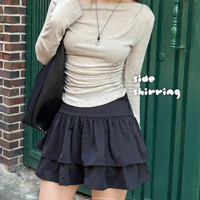 Spring off shoulder side shirring long sleeved T shirt