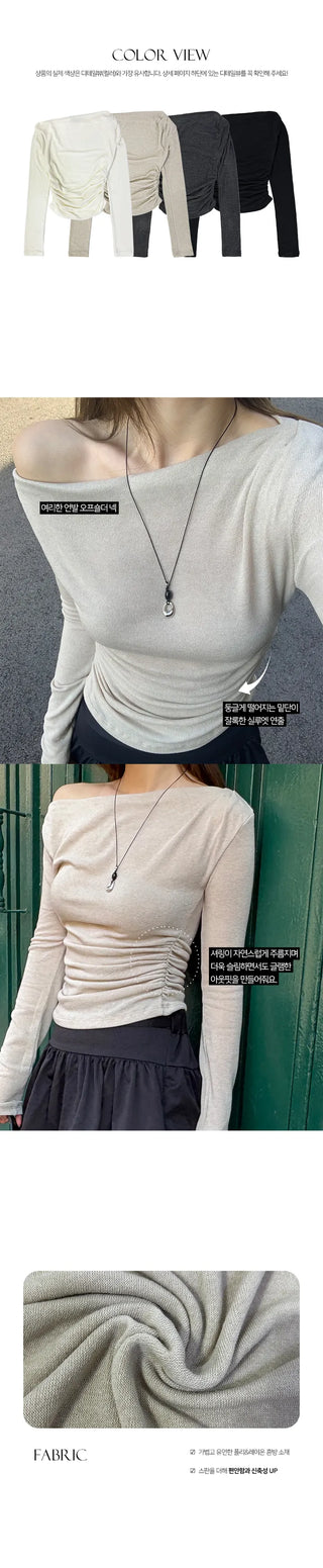 Spring off shoulder side shirring long sleeved T shirt