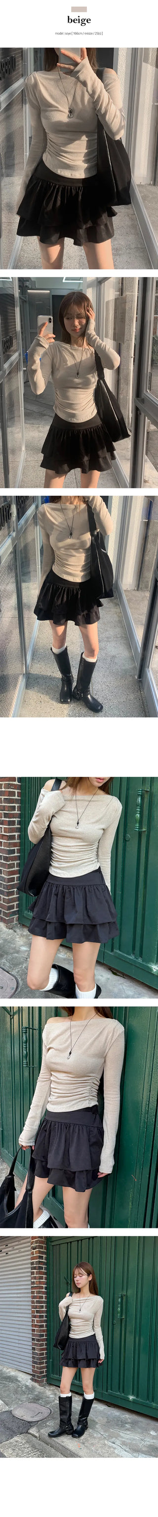 Spring off shoulder side shirring long sleeved T shirt