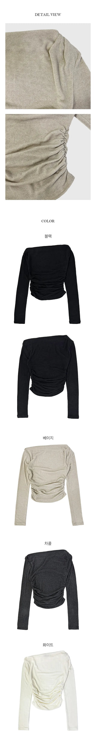 Spring off shoulder side shirring long sleeved T shirt