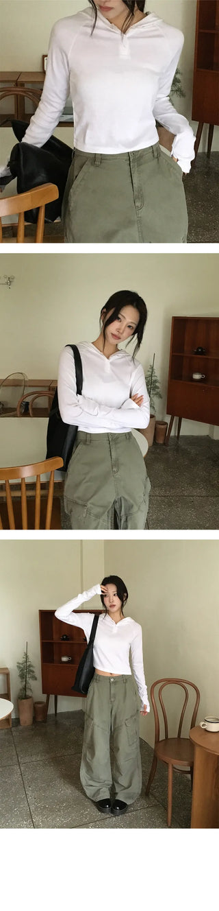 Shushu Button Crop Hooded T Shirt