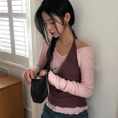 Naho shirring off wool V neck knit